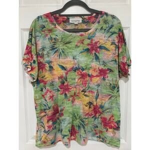 Breckenridge Green Tropical Floral Short Sleeve Womens Top Blouse 1X Plus